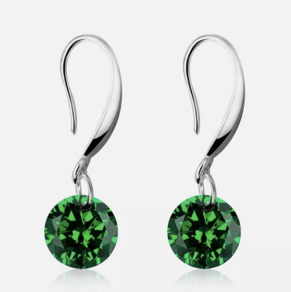 New Round Green Zircon Crystal 925 Silver Dangle Earrings.